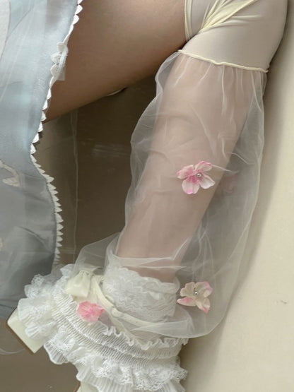 Black/White Semi-sheer Leg Sleeves With Red/Pink/Blue Flowers