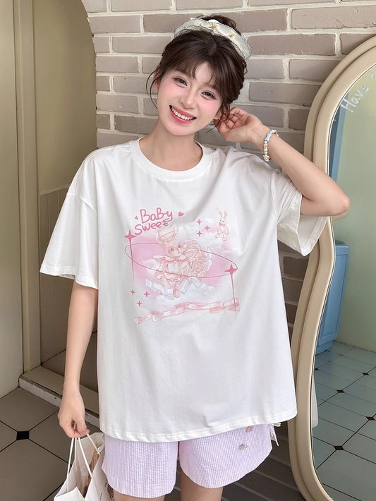 Sweet Pink Bunny Print White Round Neck Loose T-shirt