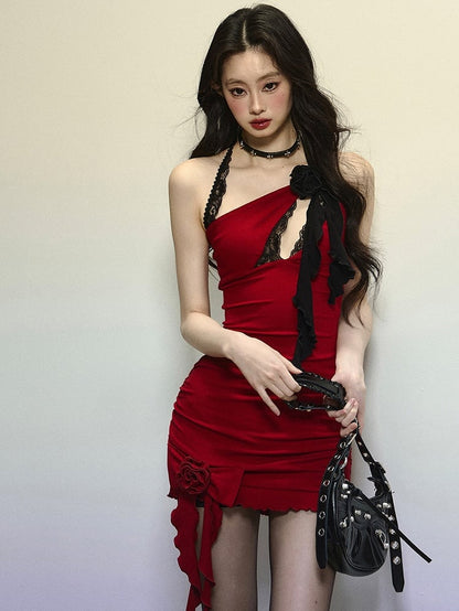 Clearance-Size S for Bust 64-68CM Red Floral Design Chest Cutout Halter Neck Mini Dress