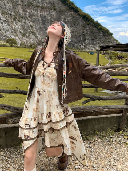 Brown Badge Appliques Vintage PU Jacket for Autumn