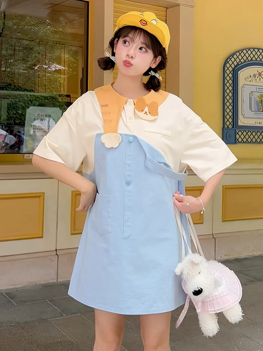 Adorable Kitty Collar Blue and White Colorblock Design Dress Faux Two-pieces