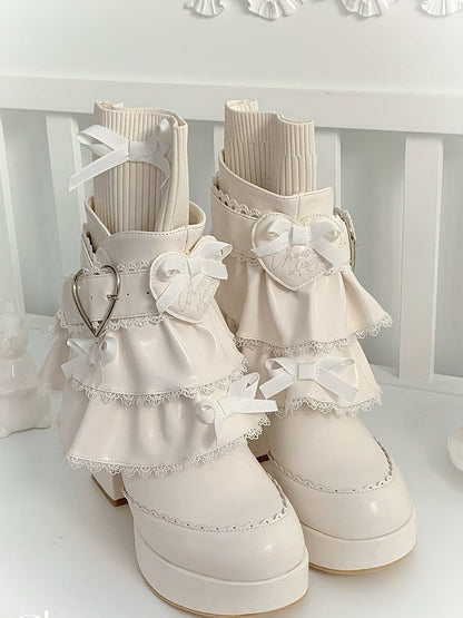 PU White Sweet Lolita High Block Heel Boots - Heart Buckle with Detachable Tiered Ruffles & Bow Details