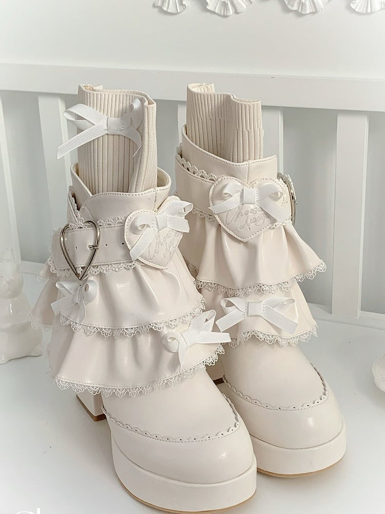 PU White Sweet Lolita High Block Heel Boots - Heart Buckle with Detachable Tiered Ruffles & Bow Details