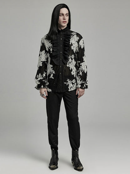 Black and White Goth Men's Floral Shirt