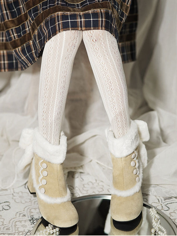 Button Details, Plush Bow & Fur Cuff Mid-heel Beige Boots in Sweet Lolita