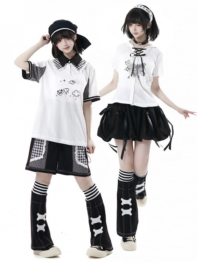 Black Elastic Waist Bubble Skirt with Bowknot Brooches