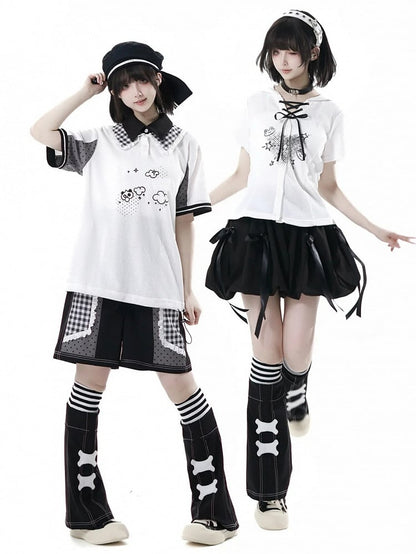 Lace-up Neckline Front Button Placket Cute Frog Print White Hooded Waffle T-shirt