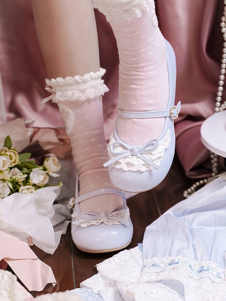 Blue Knotted Bow Accent Lace Trim 2.2CM/4.3CM Heels Round Toe Mary Janes