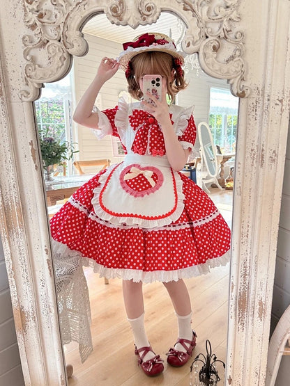 White Polka Dots Red Old School Lolita Peter Pan Collar Dress + Maid Apron + Strawberry Big Bow