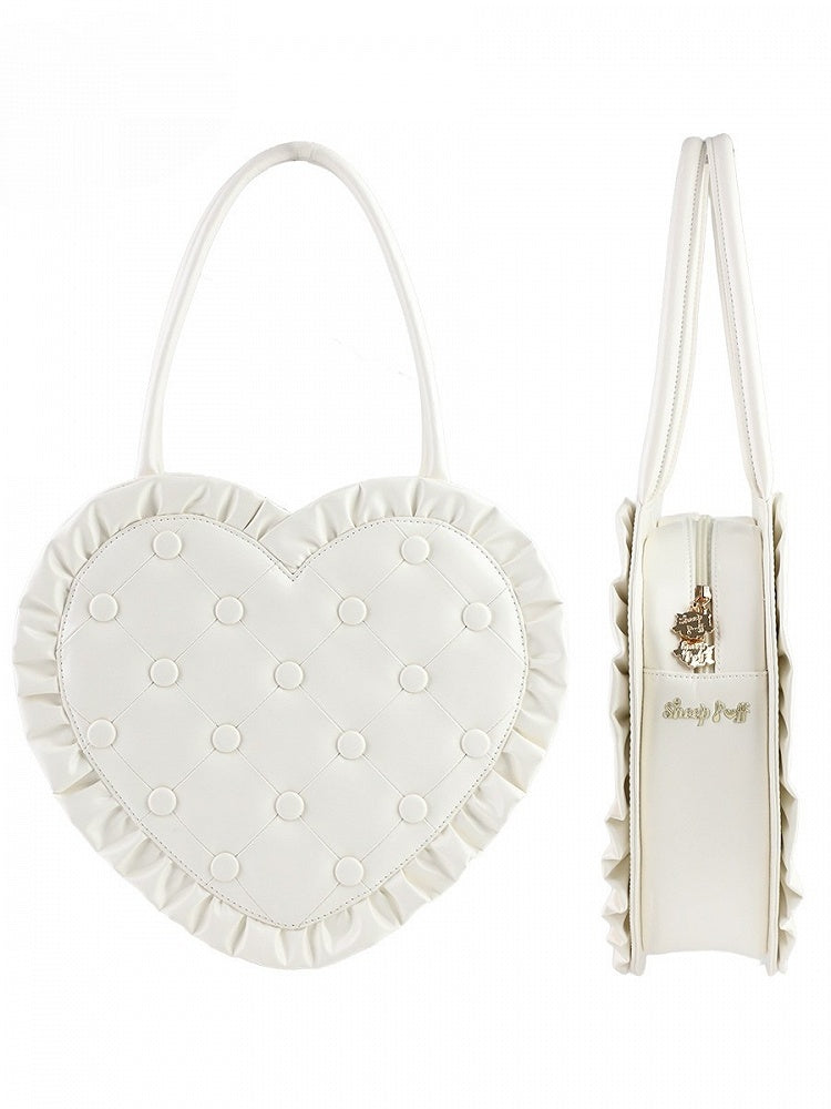 Quilted Heart-Shaped White Lolita Handbag with Ruffle Trim