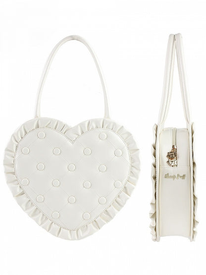 Quilted Heart-Shaped White Lolita Handbag with Ruffle Trim