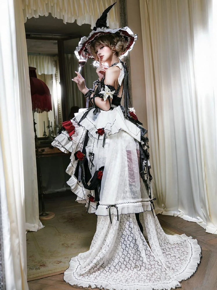 Black and Red Halter Neck Little Witch Lolita Backless Dress + High-low Skirt Full Set