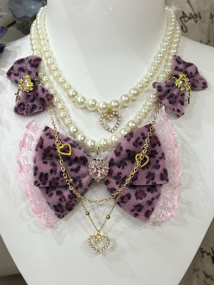 4 Color Options Leopard Pattern Rhinestone Heart And Bowknot Pendant Beaded Necklace