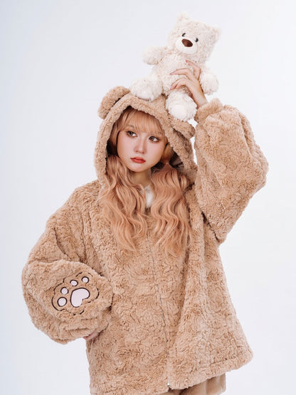 Brown Fluffy Teddy Bear Jacket with Ears Hood for Girls/Women
