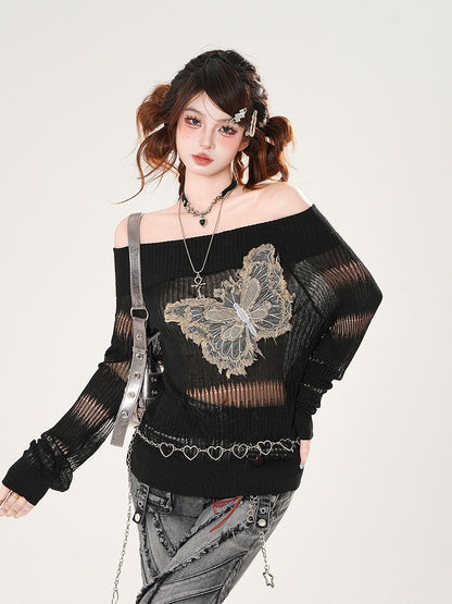 Raw Hem Denim Butterfly Applique Black Off-the-shoulder Neckline Coverup