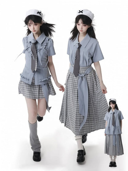 Dusty Blue Ruffle Trim Drawstring Details Preppy Style Loose Shirt