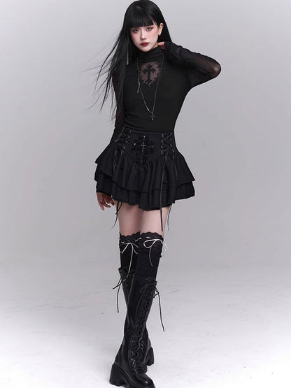Black Mock Neck Coffin-shaped Cutout Cross Applique Mesh Sleeves Gothic Top