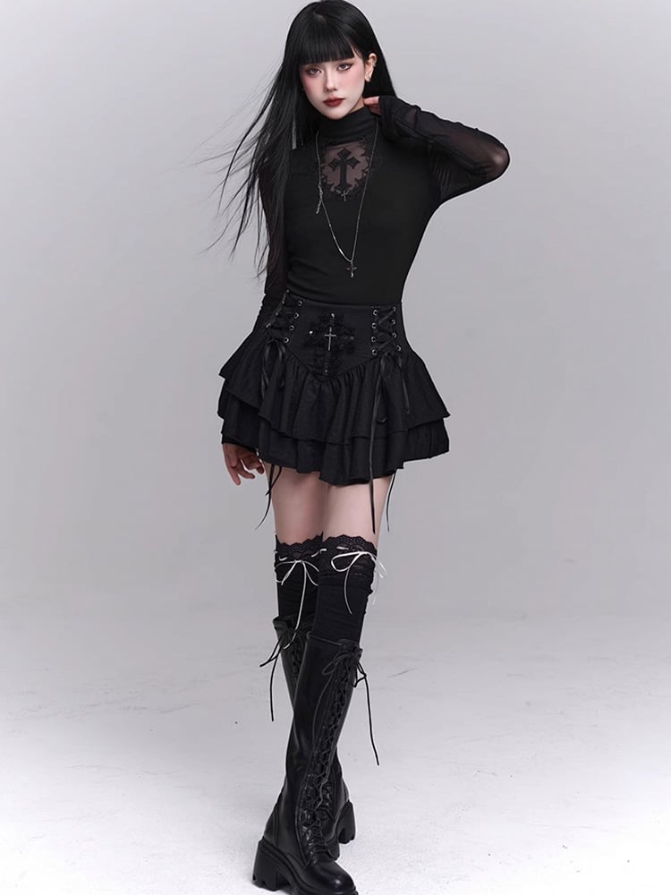 Black Mock Neck Coffin-shaped Cutout Cross Applique Mesh Sleeves Gothic Top