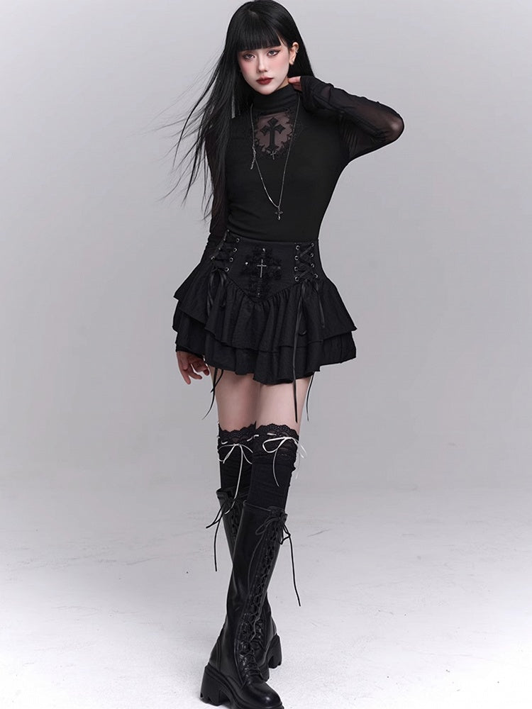 Black Mock Neck Coffin-shaped Cutout Cross Applique Mesh Sleeves Gothic Top