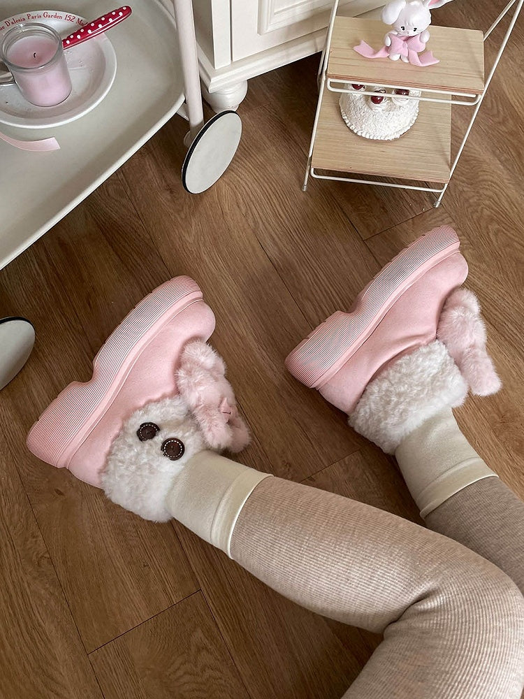 Plush Bunny Embellishments & Fleece Lining Pink Winter Boots in Sweet Lolita