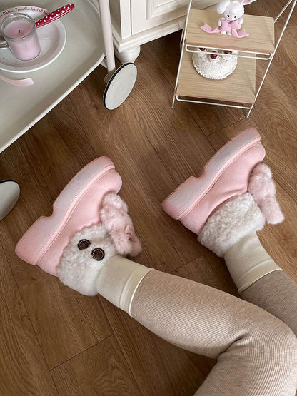 Plush Bunny Embellishments & Fleece Lining Pink Winter Boots in Sweet Lolita