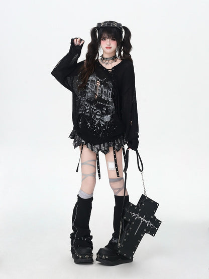 Lace-up Neckline Ink-jet Print Black/Apricot Distressed Holes Knit Coverup