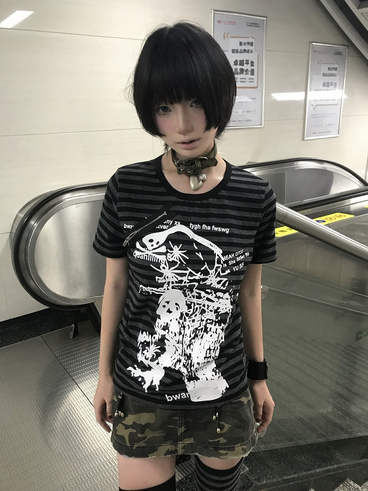 Black & Gray Stripe Pattern Skeleton Print Punk T-shirt