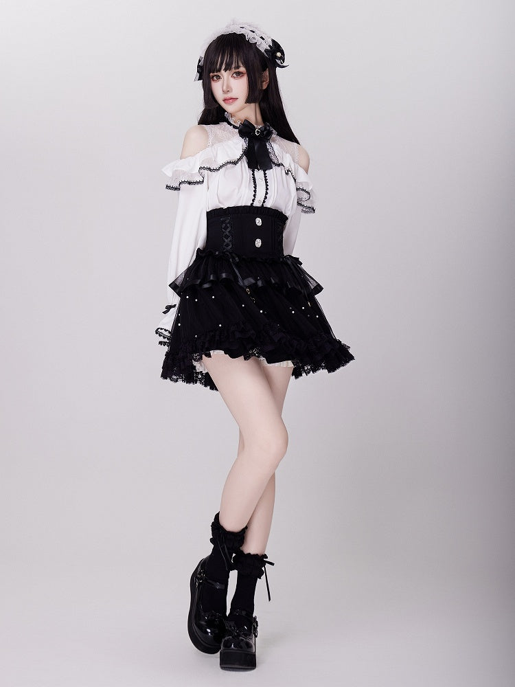 Allover Bead Black High Waist Jirai Kei Skirt with Lace Up and Shirring Waist