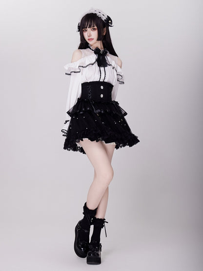 Allover Bead Black High Waist Jirai Kei Skirt with Lace Up and Shirring Waist