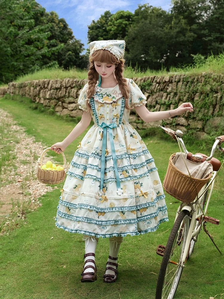 Blue & Yellow Puff Sleeves Tiered Ruffles Country Lolita Dress with Lemon and Rabbit Print