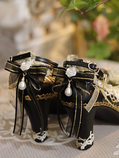 Black & Gold Floral Design Crystal Embellished 6CM/8CM Lolita High Block Heels