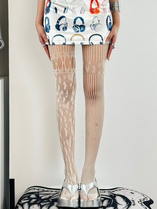 Black/White/Gray/Brown Asymmetrical Design Cut-out Details Tights