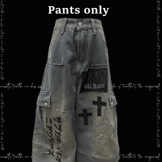 Blue Cross Applique Wasteland Punk Distressed Wide-leg Cargo Jeans