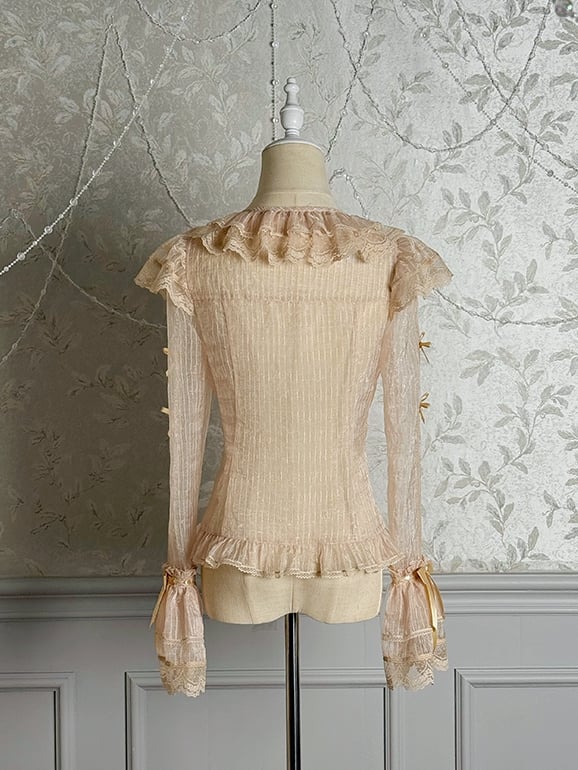 Champagne Semi-sheer Bowknots Long Sleeves Blouse