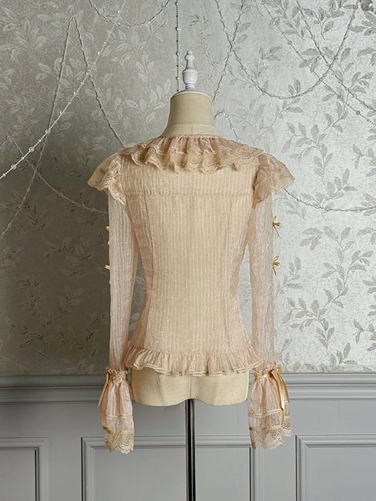 Champagne Semi-sheer Bowknots Long Sleeves Blouse