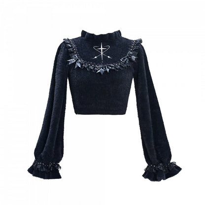 Bowknot Details Black Ruffle Neckline Cropped Sweater