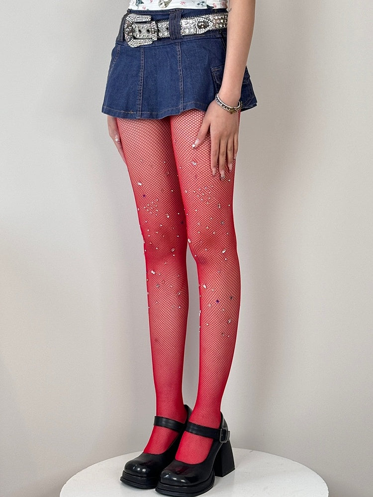 Black/White/Brown/Red Y2K Rhinestone Decorated Fishnet Design Tights