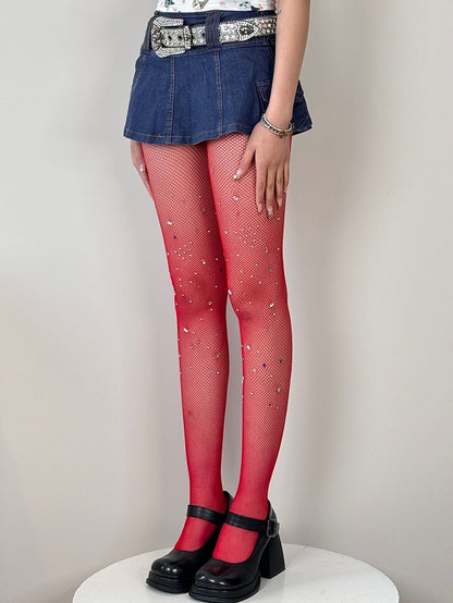Black/White/Brown/Red Y2K Rhinestone Decorated Fishnet Design Tights