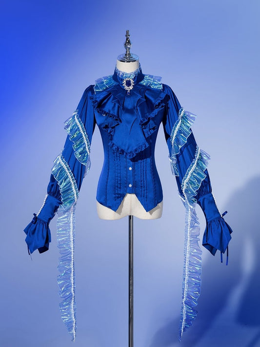 Deep Sea Blue Siren Cascading Ruffle Accents Bead Chain Long Sleeves Prince Shirt