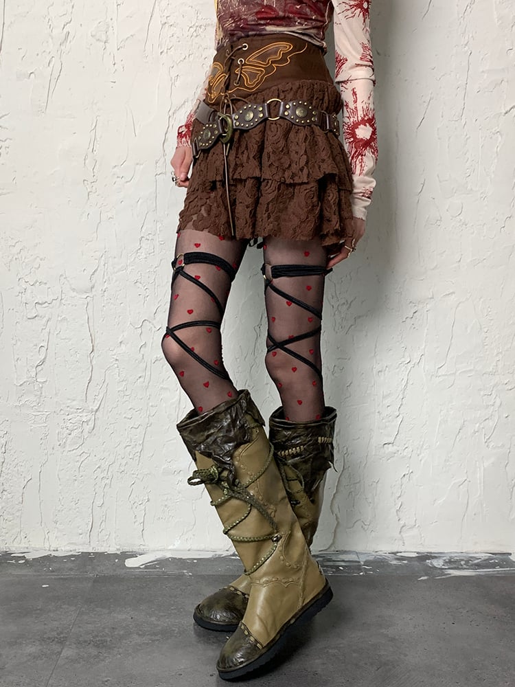 Black Y2K Red Heart Pattern Tights