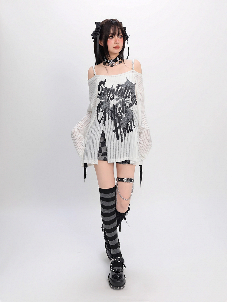 Y2K Off-the-shoulder Neckline Slit Hem Black/White Graphic Coverup
