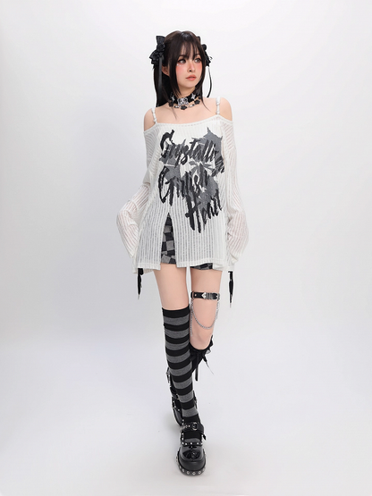 Y2K Off-the-shoulder Neckline Slit Hem Black/White Graphic Coverup