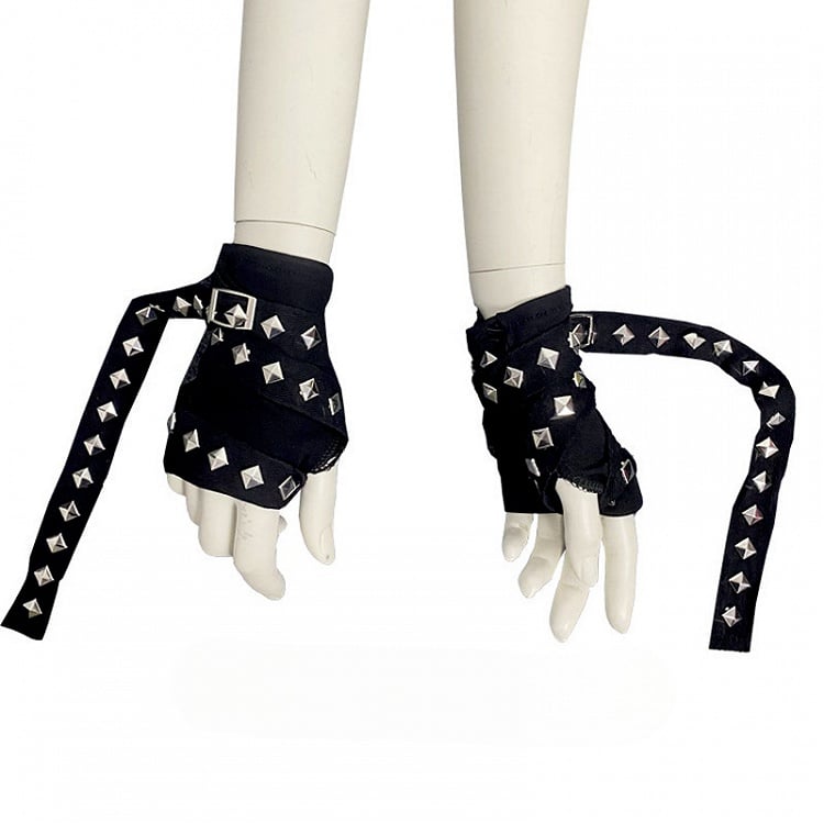 Black Punk Gothic Studs Strap Fingerless Gloves