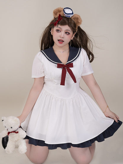 Plus Size White Sailor Collar Basque Waist Summer Dress