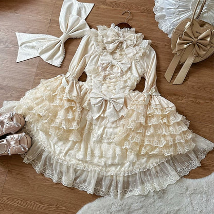White Lace Trims Apricot Bows Decorated Hanayome Dress Lolita Jumper Skirt