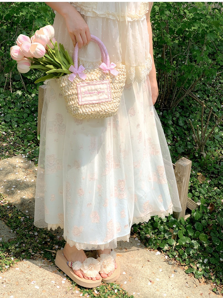 Beige Elastic Waist Cute Cartoon Print Skirt with Mesh Overlay