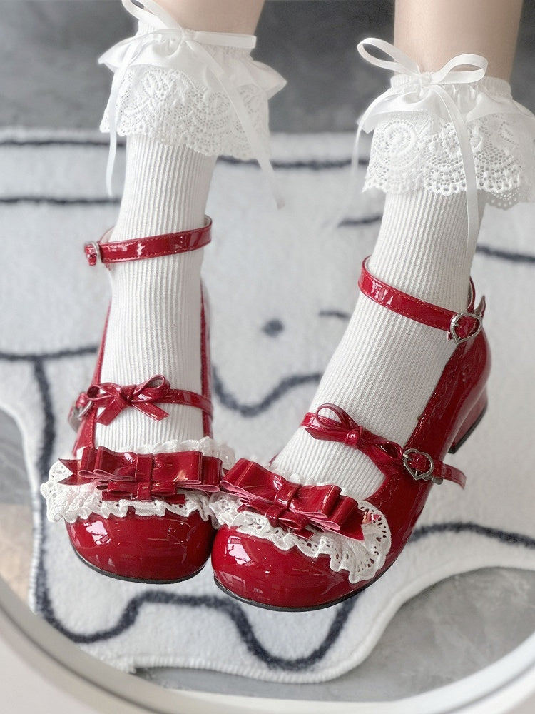 Sweet Red Lolita Low Heels - PU Leather with Delicate Ruffled Lace & Heart Fastener