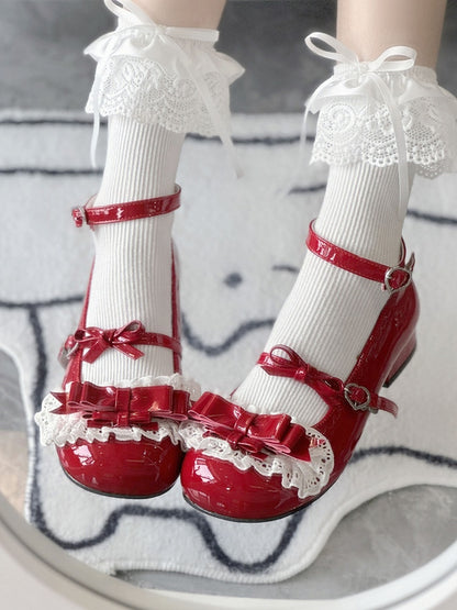 Sweet Red Lolita Low Heels - PU Leather with Delicate Ruffled Lace & Heart Fastener