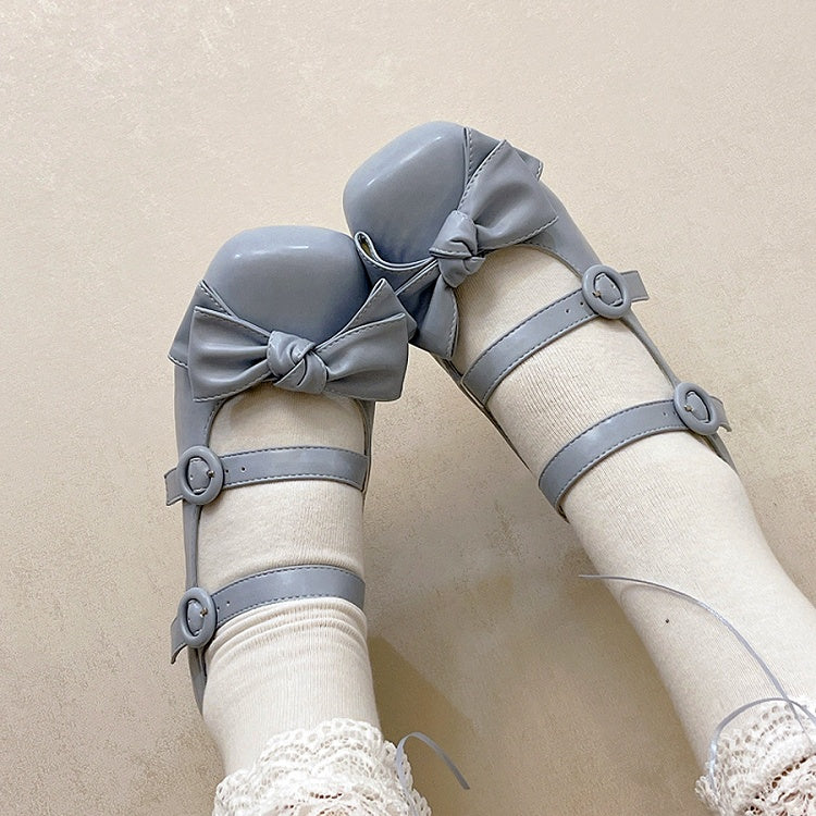 Bow Accents Sweet Blue Buckle Straps Shoes Princess Low Heels