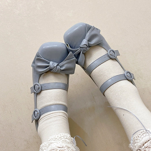 Bow Accents Sweet Blue Buckle Straps Shoes Princess Low Heels